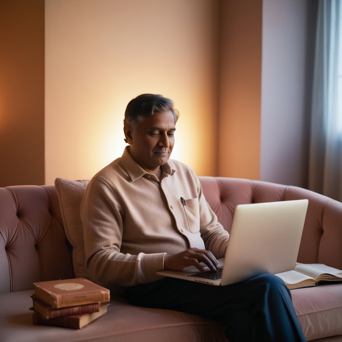 A middle-aged Indian man sitting comfortably on his plush, velvety couch, surrounded by soft, golden lighting, taking online therapy on his sleek, silver laptop